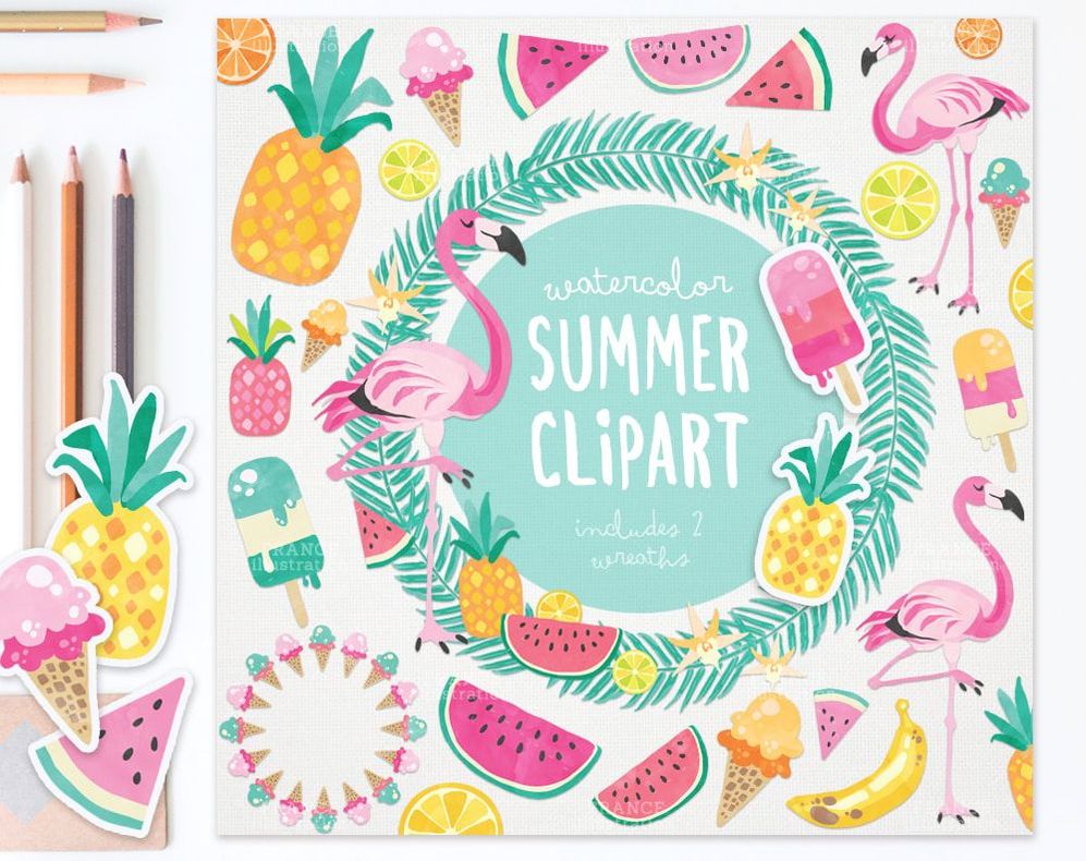 Watercolor Summer Clipart featuring Flamingos and Fruit.